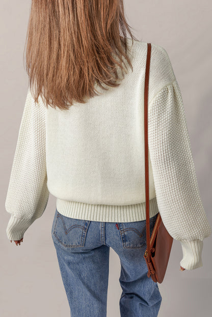 White Flower Applique Puff Sleeve Knit Sweater