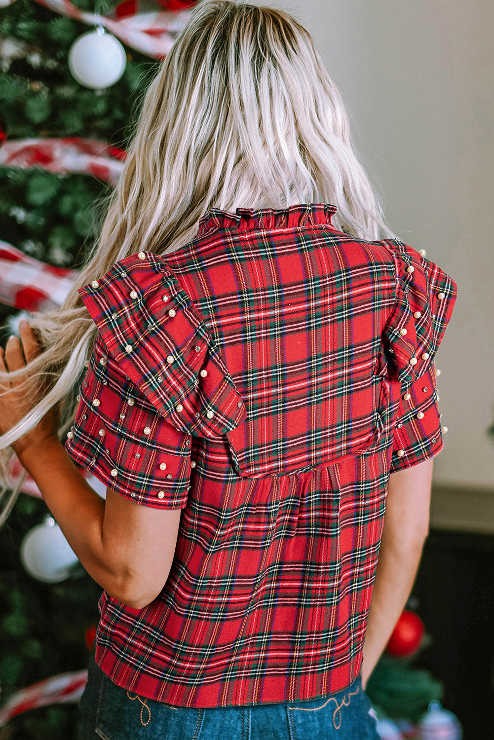 Red Christmas Plaid Pearl Ruffle Short Sleeve Holiday Blouse