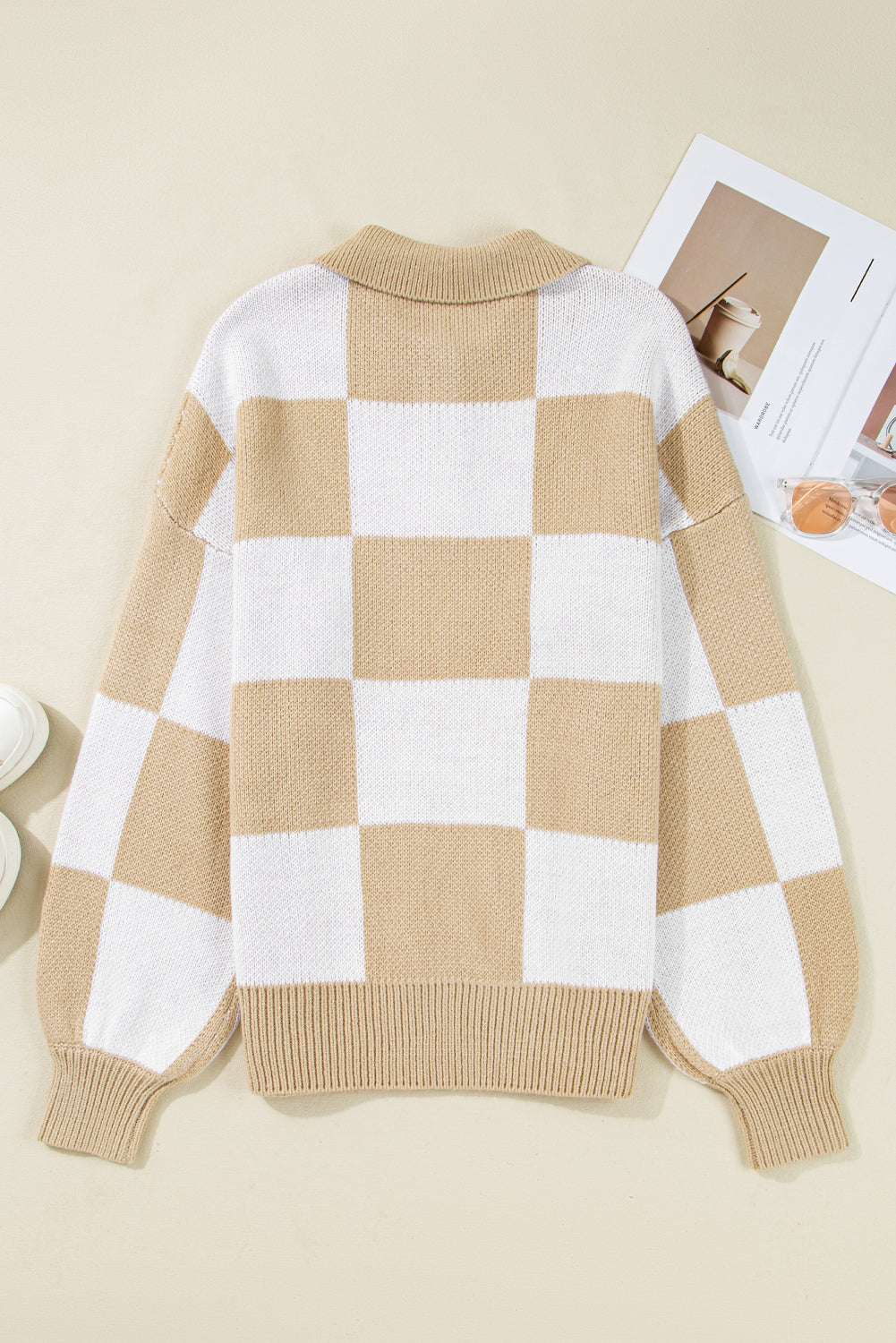 Checkered Polo Collar Loose Knit Sweater