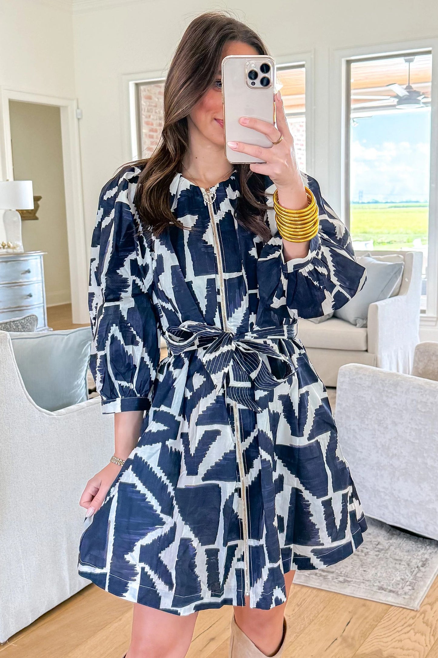 Blue Abstract Print Zip Front Tie Waist Mini Dress