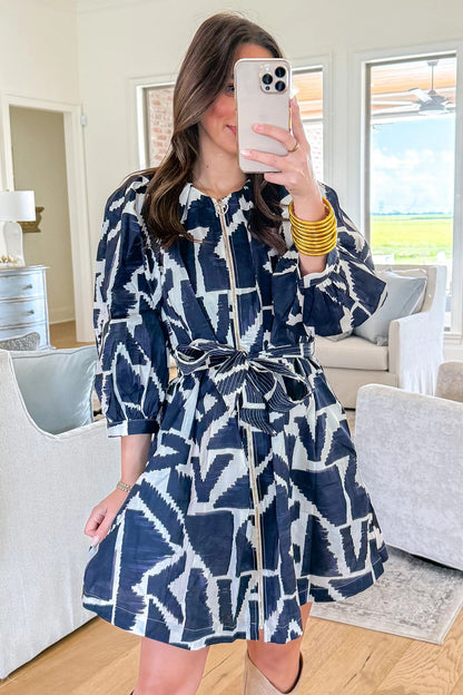Blue Abstract Print Zip Front Tie Waist Mini Dress