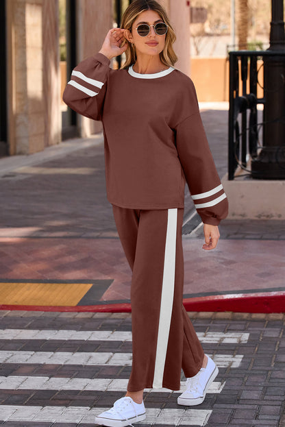 Black Varsity Stripe Patchwork Puff Sleeve Pullover Drawstring Wide Leg Pant Set