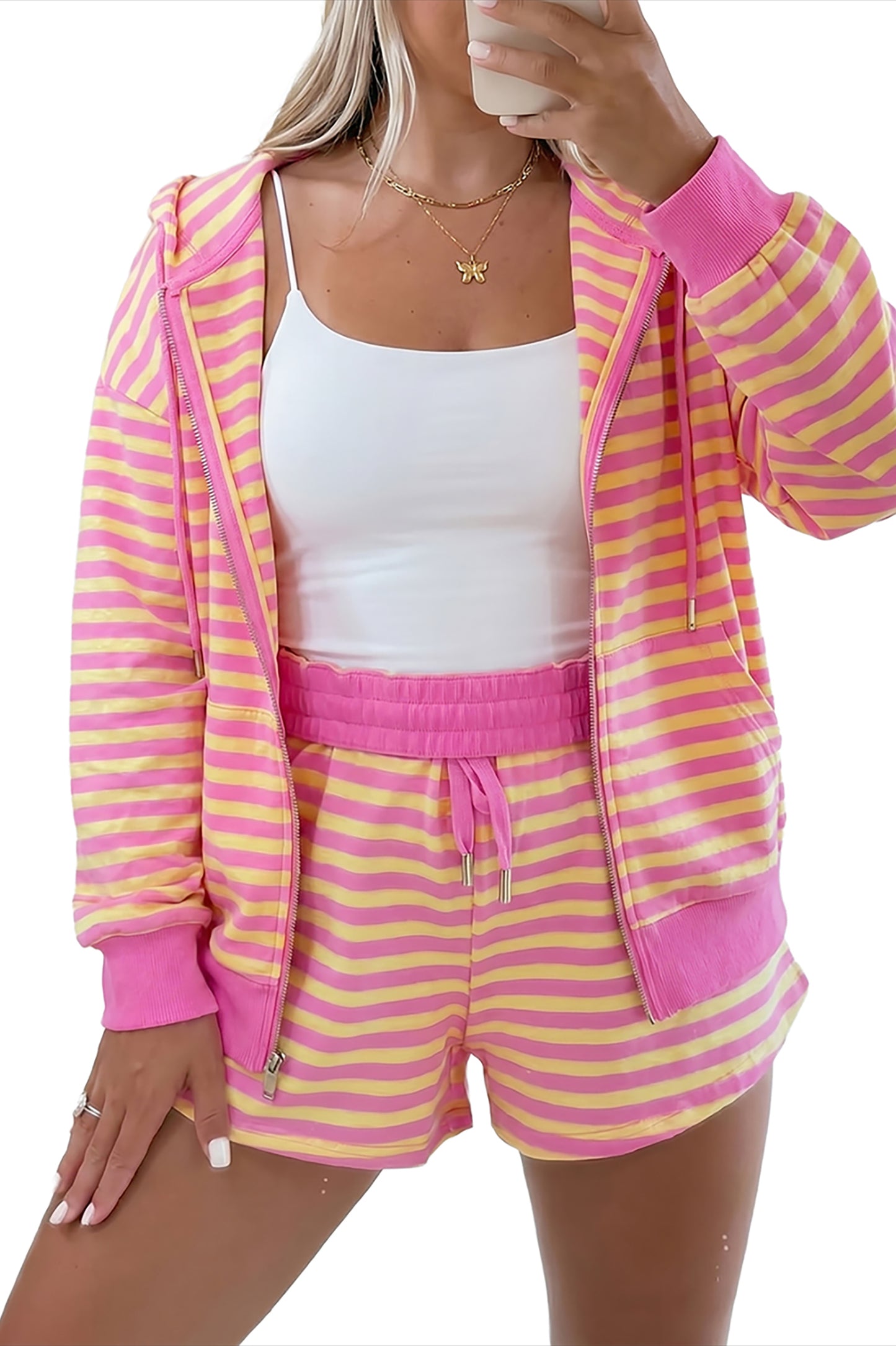 Striped Zip Up Hoodie Shorts Set Lounge Outfit