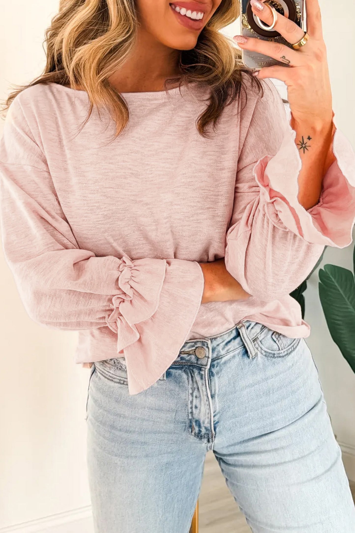 Gossamer Pink Ruffle Sleeve Loose Long Sleeve Blouse Top
