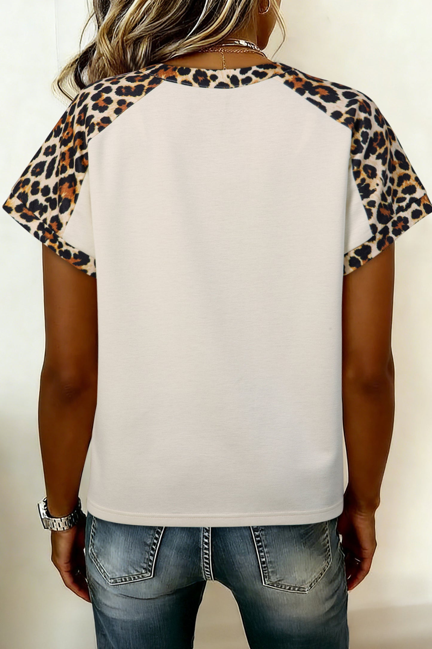 Leopard Patchwork Henley Button Short Sleeve Top