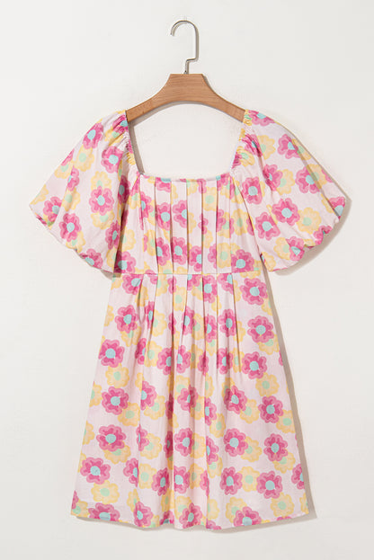 Rose Floral Square Neck Puff Sleeve Babydoll Mini Dress