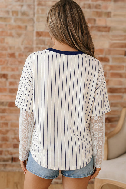 Striped 88 Graphic Lace Sleeve V Neck Faux Layered Top