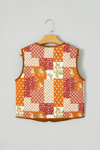 Golden Fleece Quilted Floral Patchwork Contrast Trim V Neck Button Vest