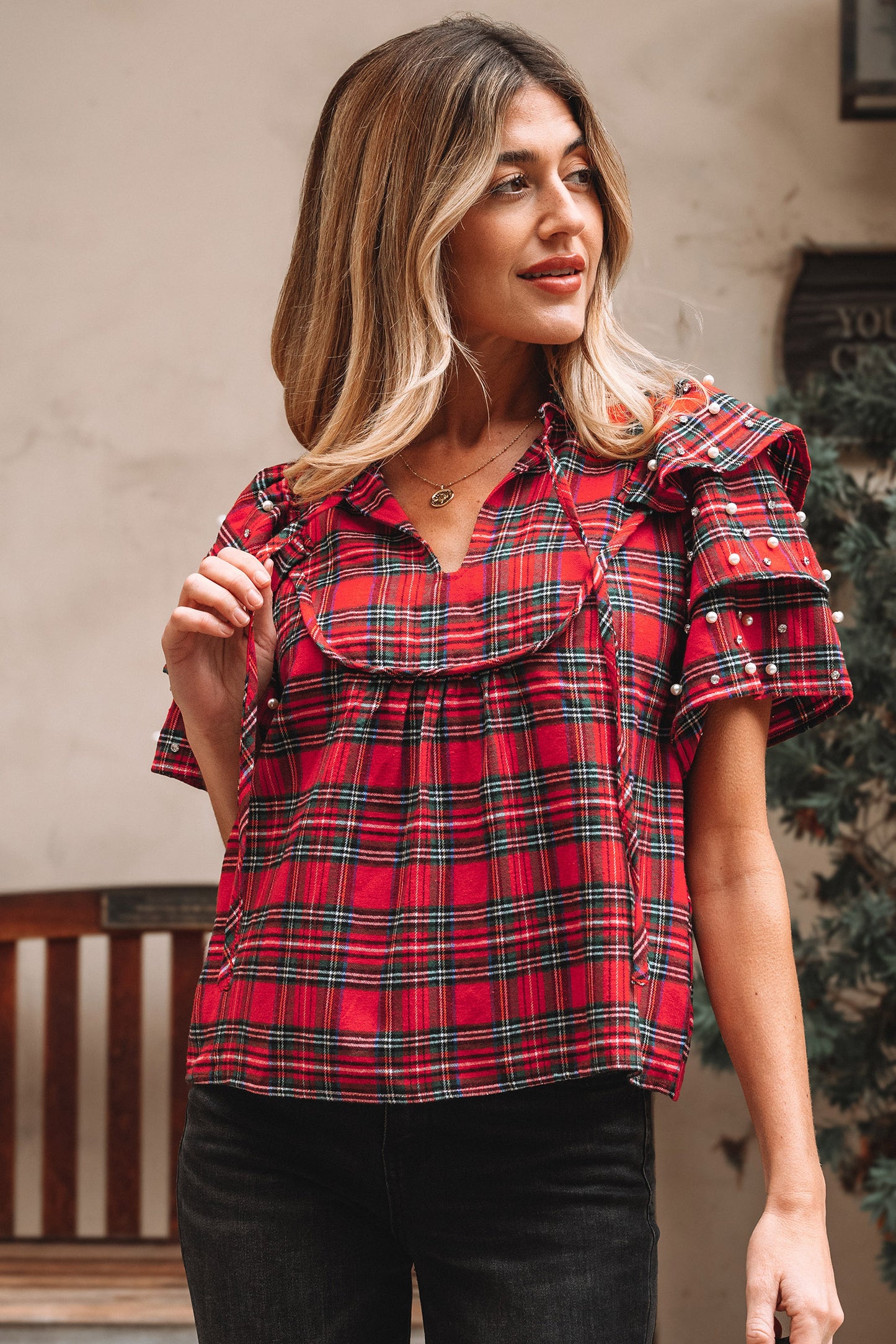 Red Christmas Plaid Pearl Ruffle Short Sleeve Holiday Blouse