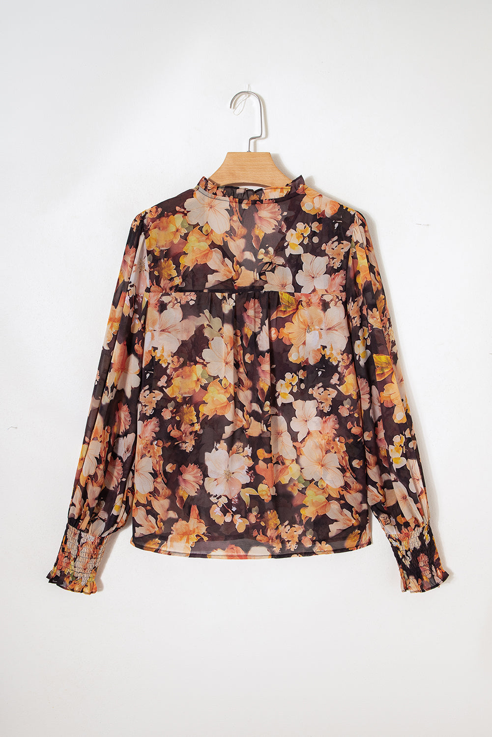 Black Floral Print V Neck Long Sleeve Smocked Cuff Blouse