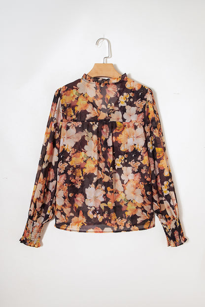 Black Floral Print V Neck Long Sleeve Smocked Cuff Blouse