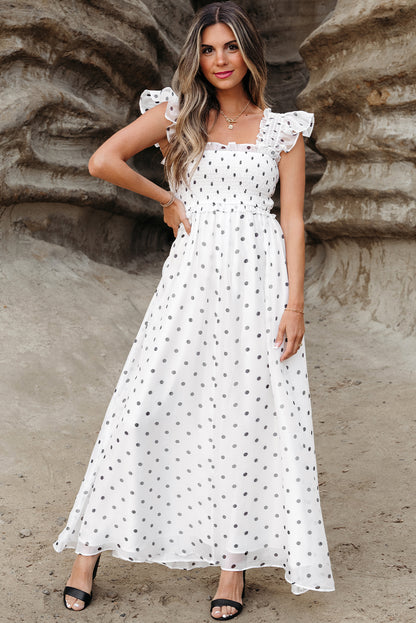 White Polka Dot Smocked Square Neck Flutter Maxi Dress
