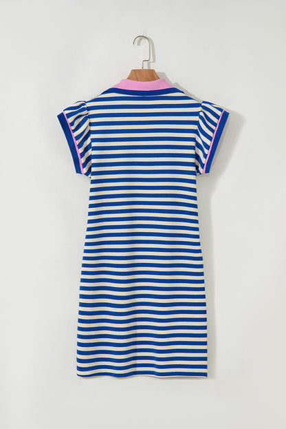 Green Stripe Contrast Collar Flutter Sleeve Mini Dress