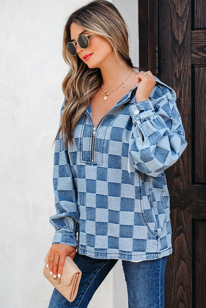Sky Blue Checkerboard Quarter Zip Denim Hoodie with Pocket