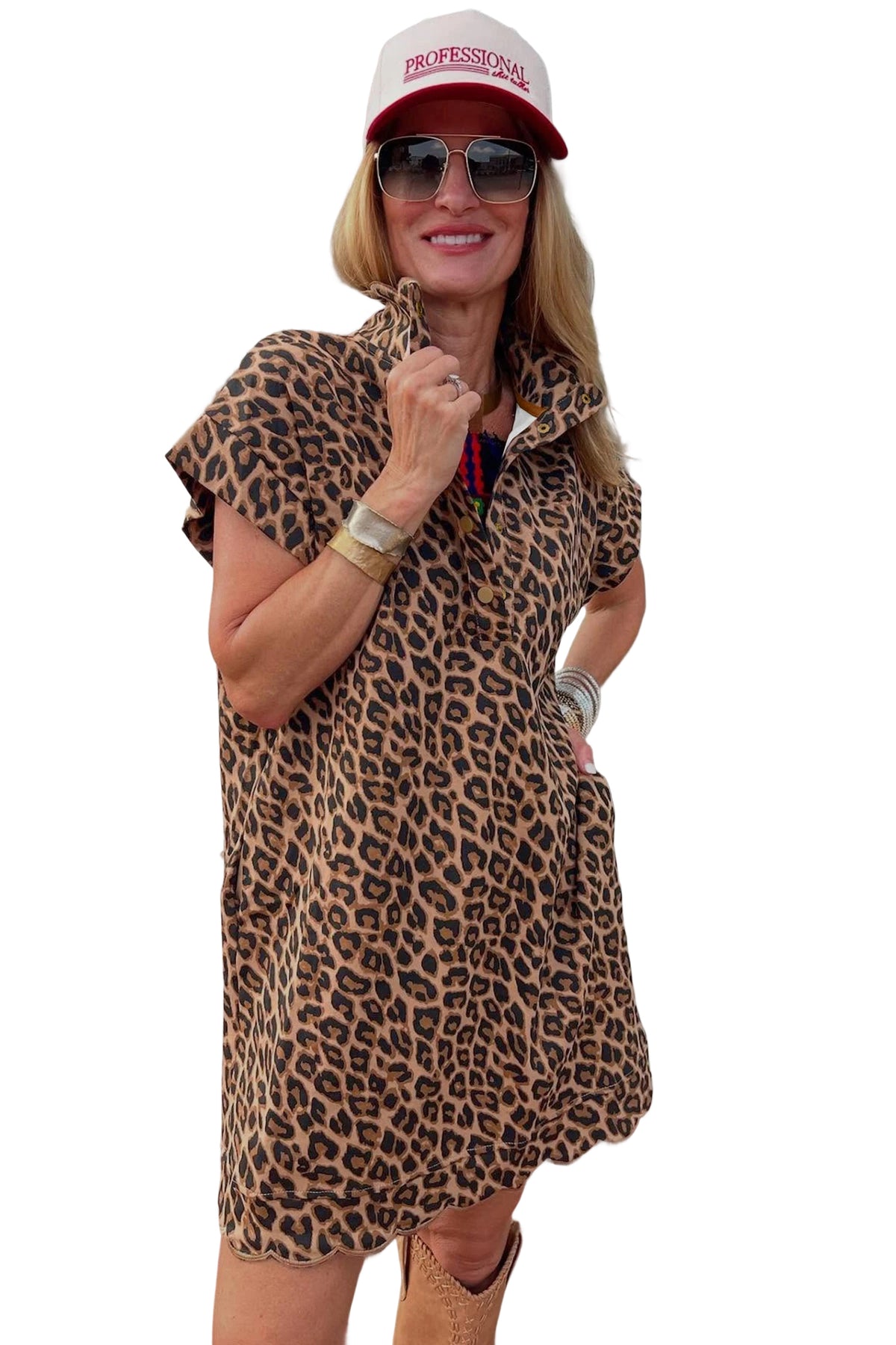 Leopard Print V Neck Mini Dress Loose Short Sleeve