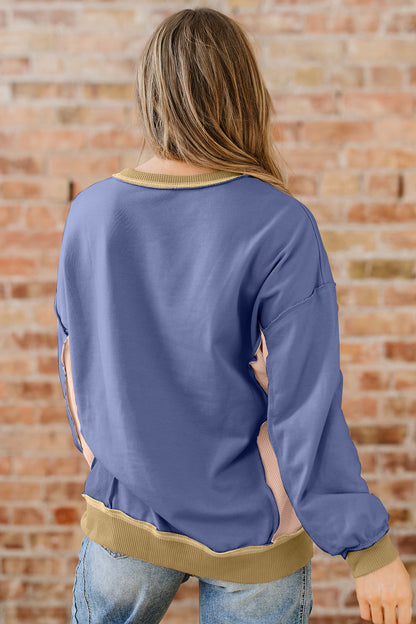 Color Block Patchwork Waffle Knit Oversized Sweatshirt