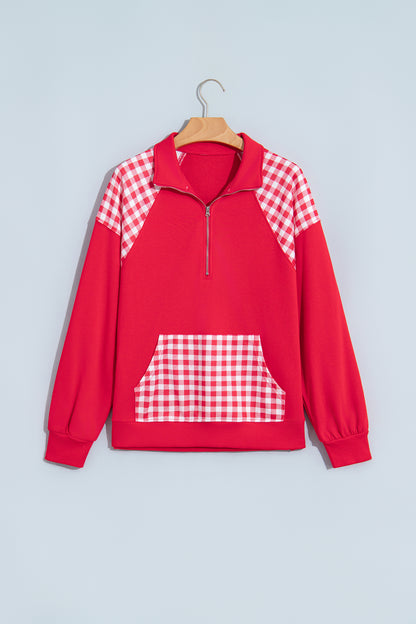 Racing Red Patchwork Plaid Pocket Quarter Zip Sweatshirt