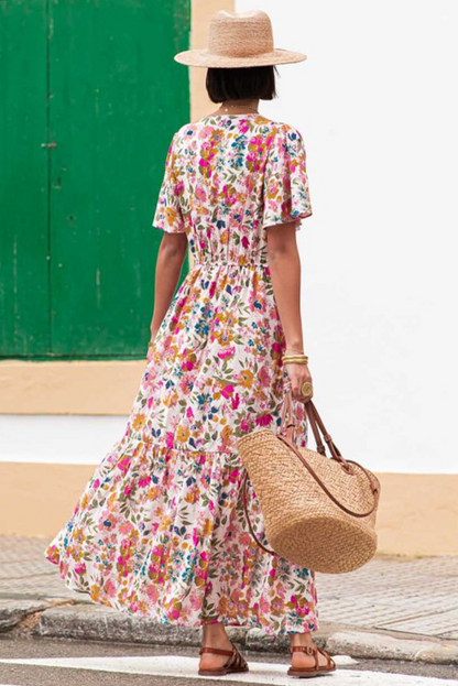 Easter Floral V Neck Short Sleeve Boho Maxi Dress