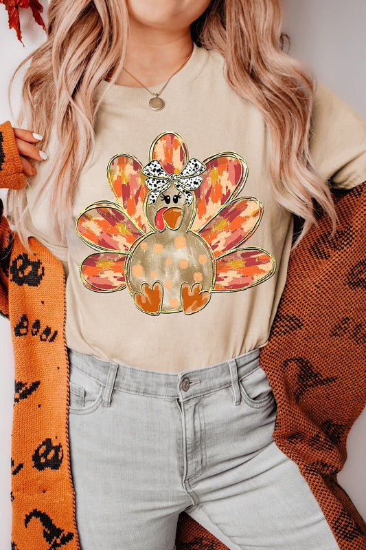 Khaki Bowknot Turkey Graphic Tee for Women Thanksgiving Top