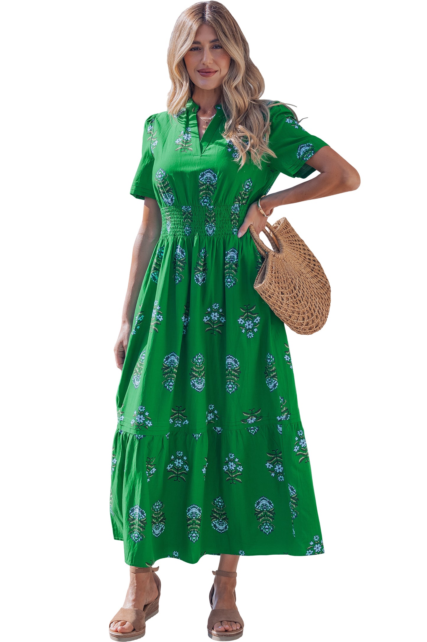 Floral Smocked Waist Maxi Dress Split Neck Boho