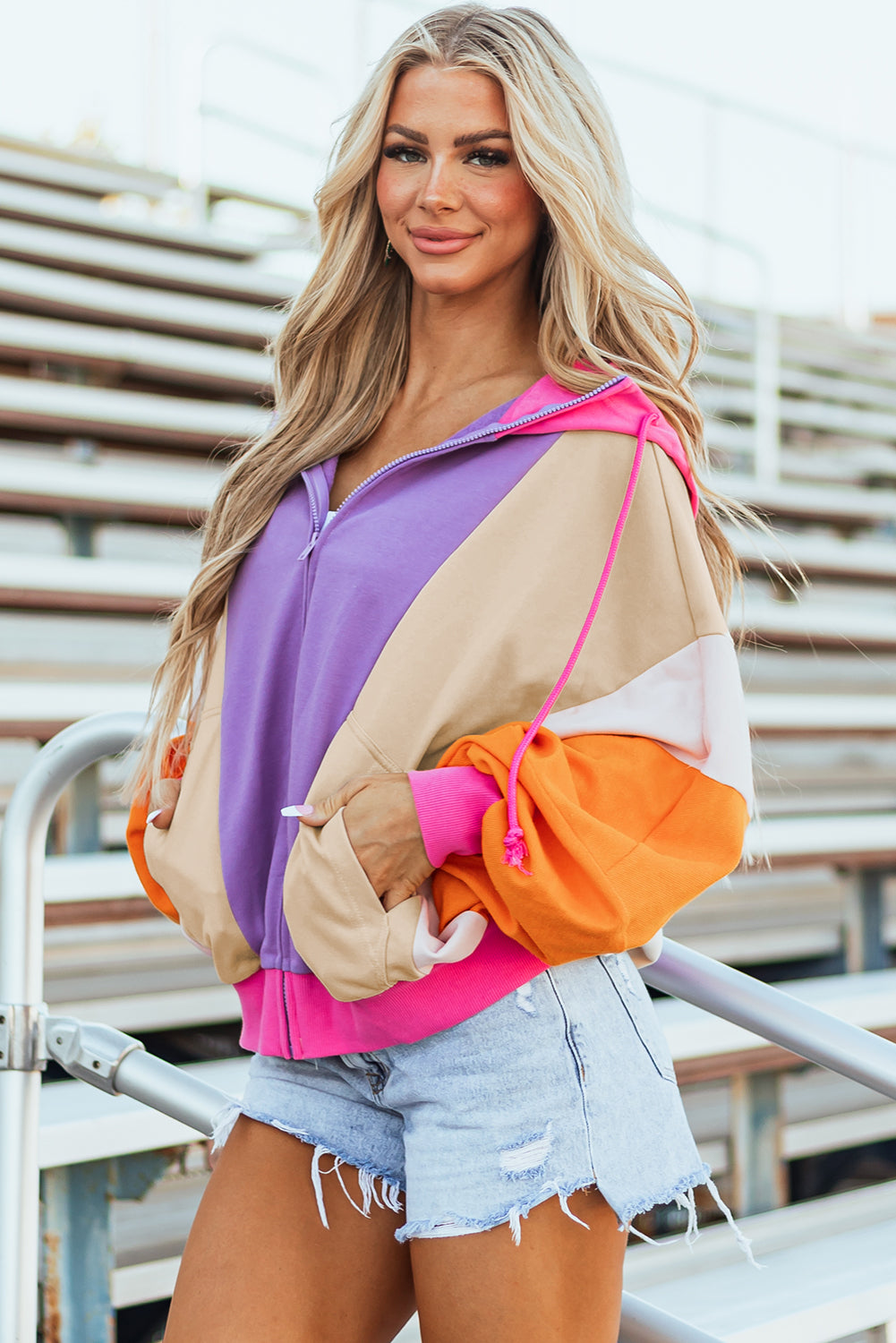 Oversized Colorblock Zip Up Hoodie – Retro Streetwear