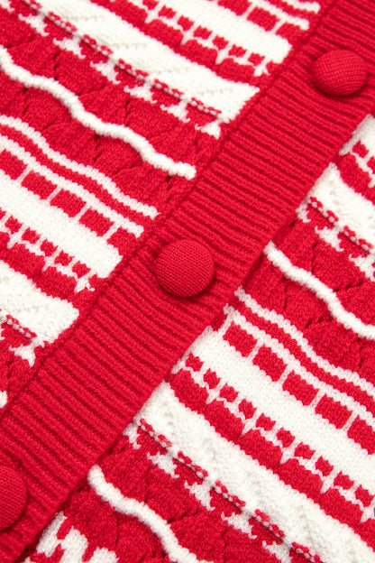Red Geometric Stripe Button Front Knit Cardigan