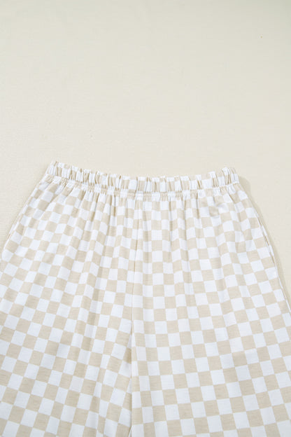 Khaki Checkered Short Sleeve Tee and Wide Leg Pant Set