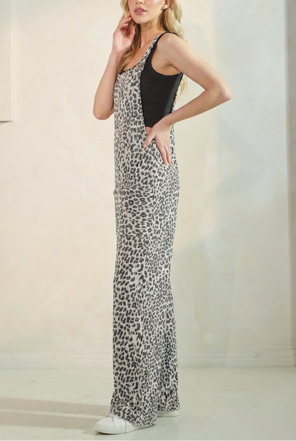 Leopard Print Sleeveless Overall Wide Leg Jumpsuit