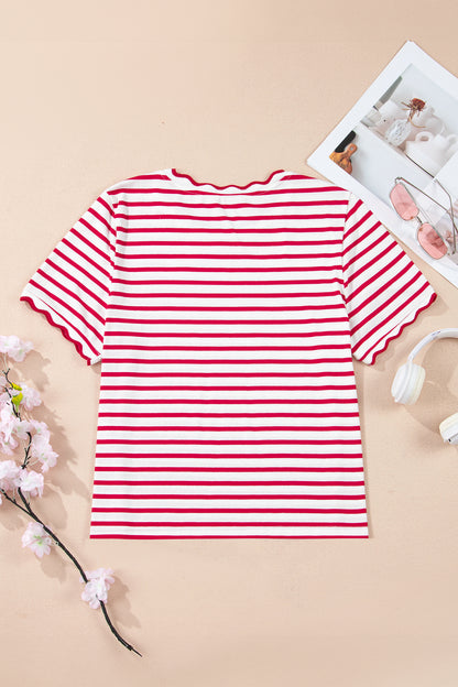 Red Stripe Scalloped Trim Short Sleeve Round Neck Tee