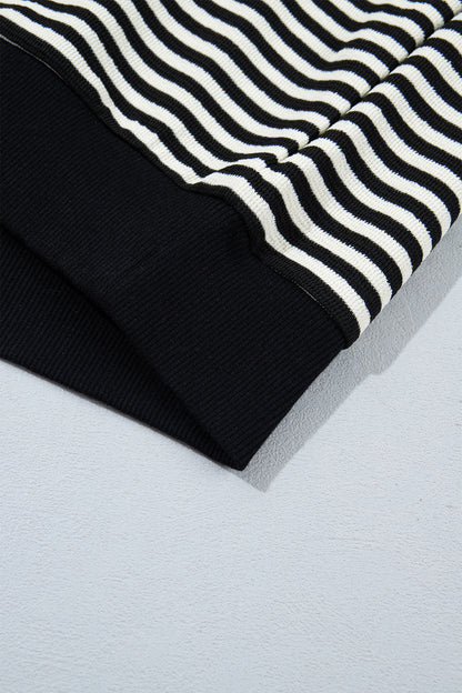 Black Stripe Velvet Bow Pattern Dropped Shoulder Loose Sweatshirt