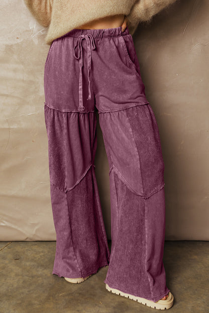 Women's Black Mineral Wash Wide Leg Patchwork Pants