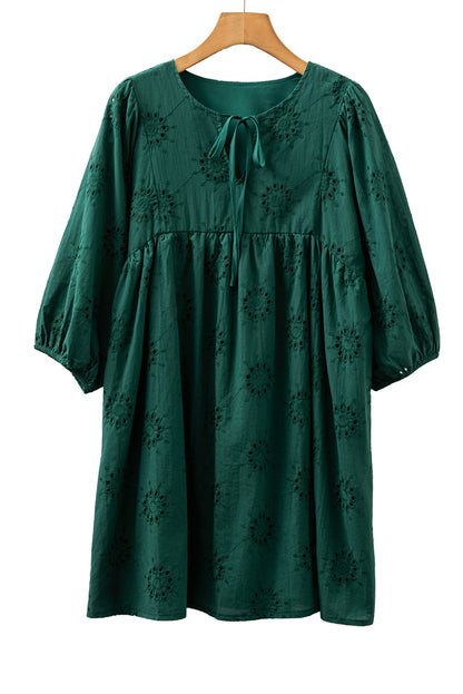 Green Eyelet Embroidered Puff Sleeve Babydoll Mini Dress