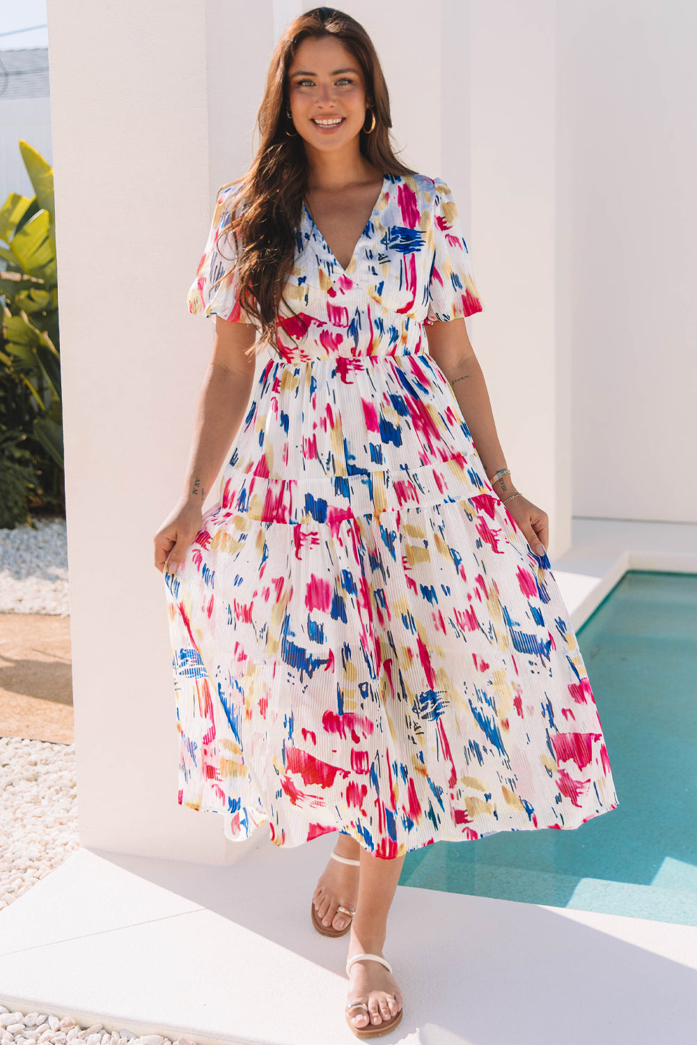 Abstract Print Puff Sleeve V Neck Tiered Maxi Dress