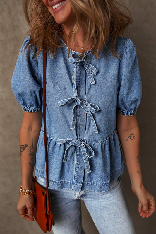 Blue Denim Tie Front Puff Sleeve Peplum Blouse