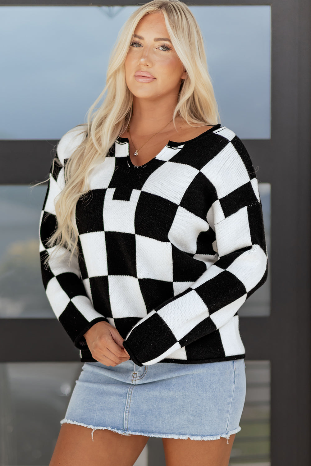Women's Checkered Knit Sweater with Notched Neck