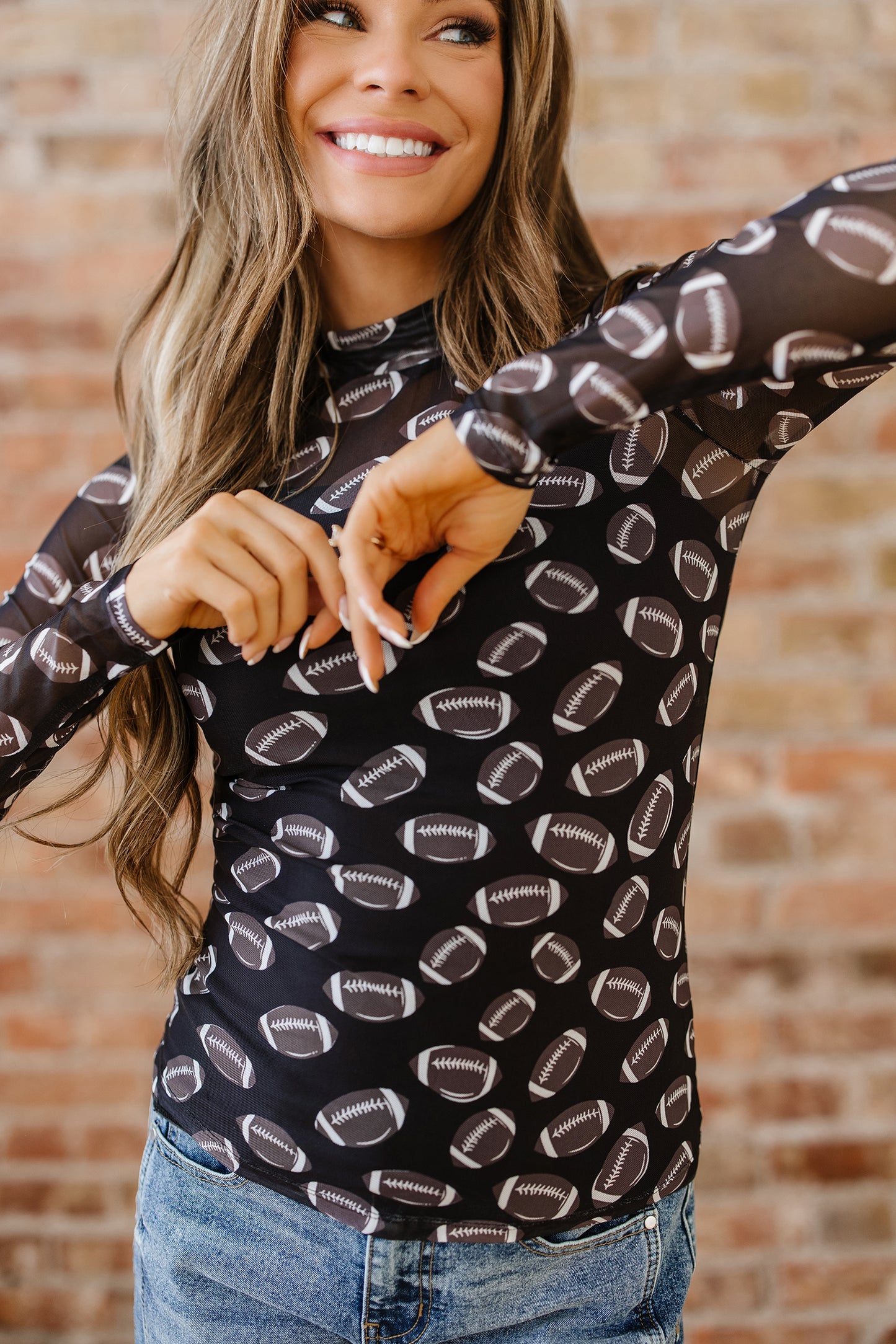 Football Print Mesh Mock Neck Game Day Long Sleeve Top