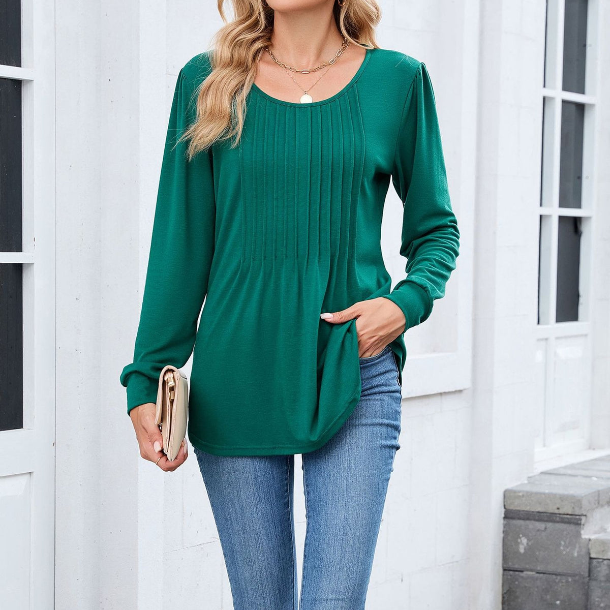 Women's Long Sleeve Pleated Tunic Top Loose Casual Blouse
