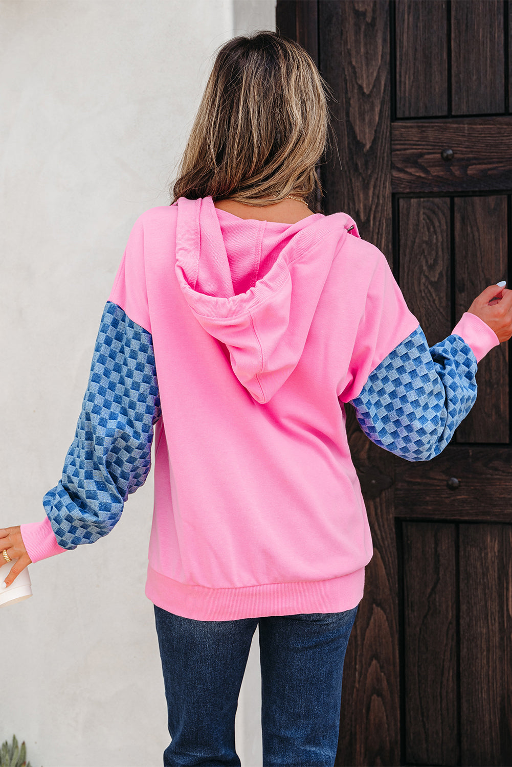 Bonbon Checkered Patchwork Half Zip Hoodie with Pocket
