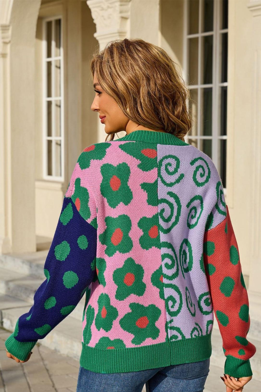 Colorful Floral Knit Cardigan – Open Front Fall Sweater