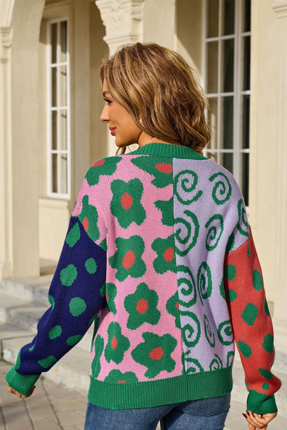 Colorful Floral Knit Cardigan – Open Front Fall Sweater