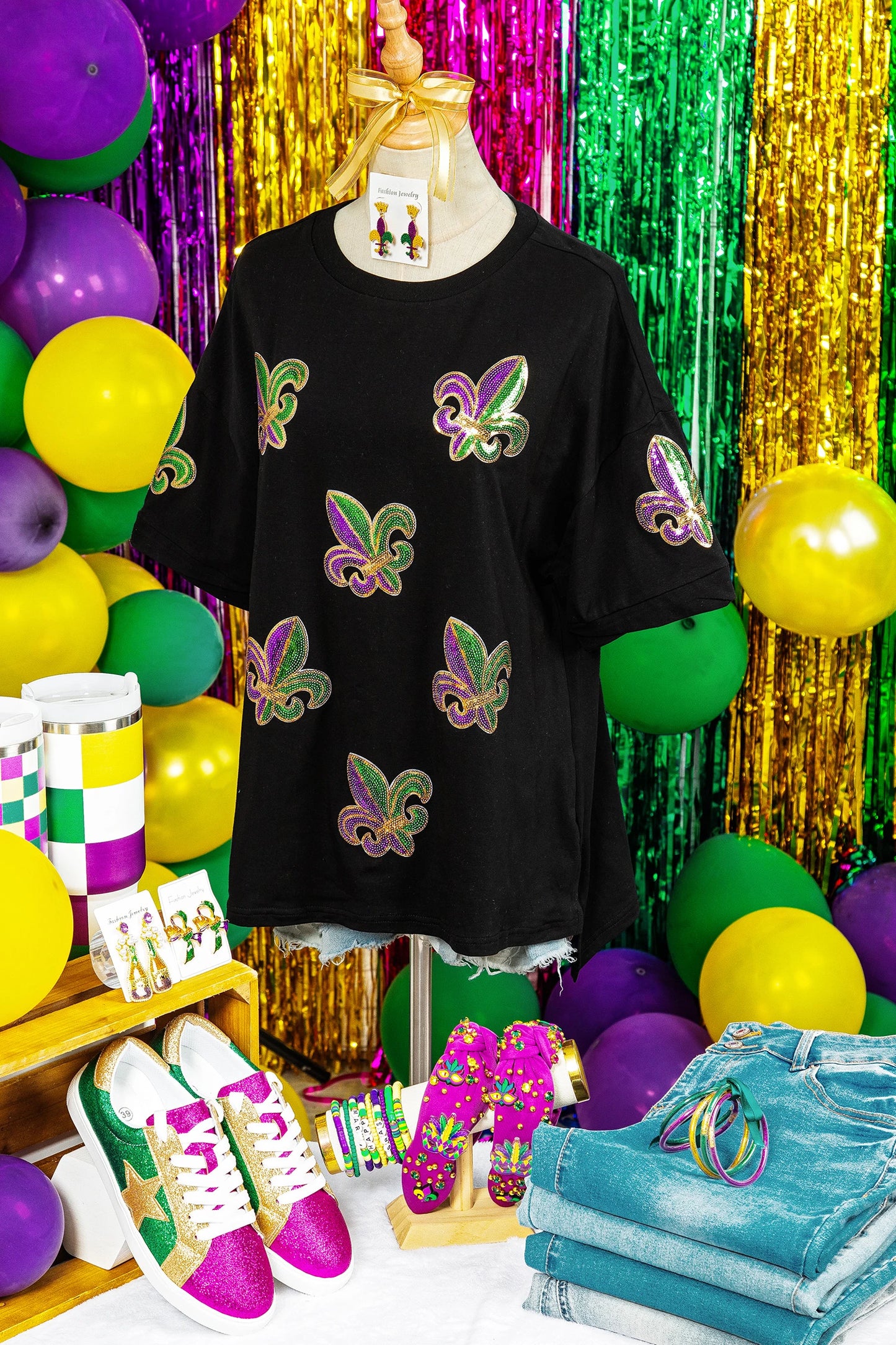 Black Oversized Sequin Fleur De Lis Mardi Gras Tee
