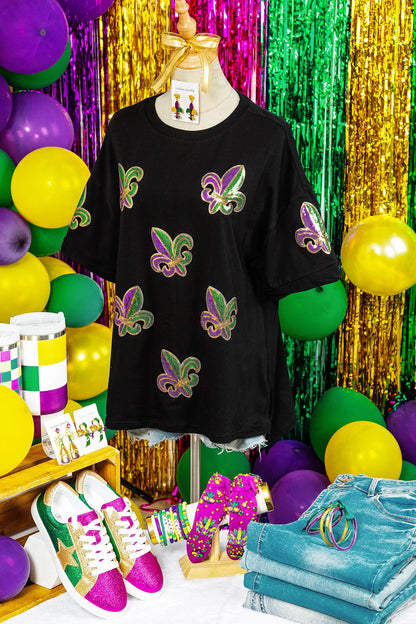 Black Oversized Sequin Fleur De Lis Mardi Gras Tee