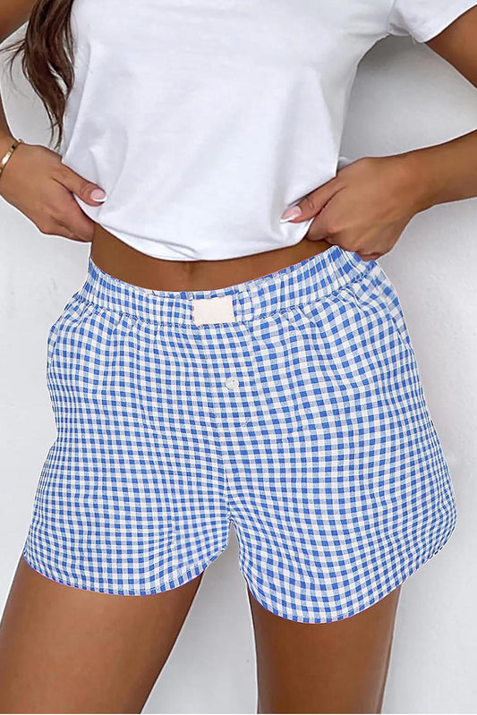 Blue Gingham Elastic Waist Boxer Shorts Summer Bottoms