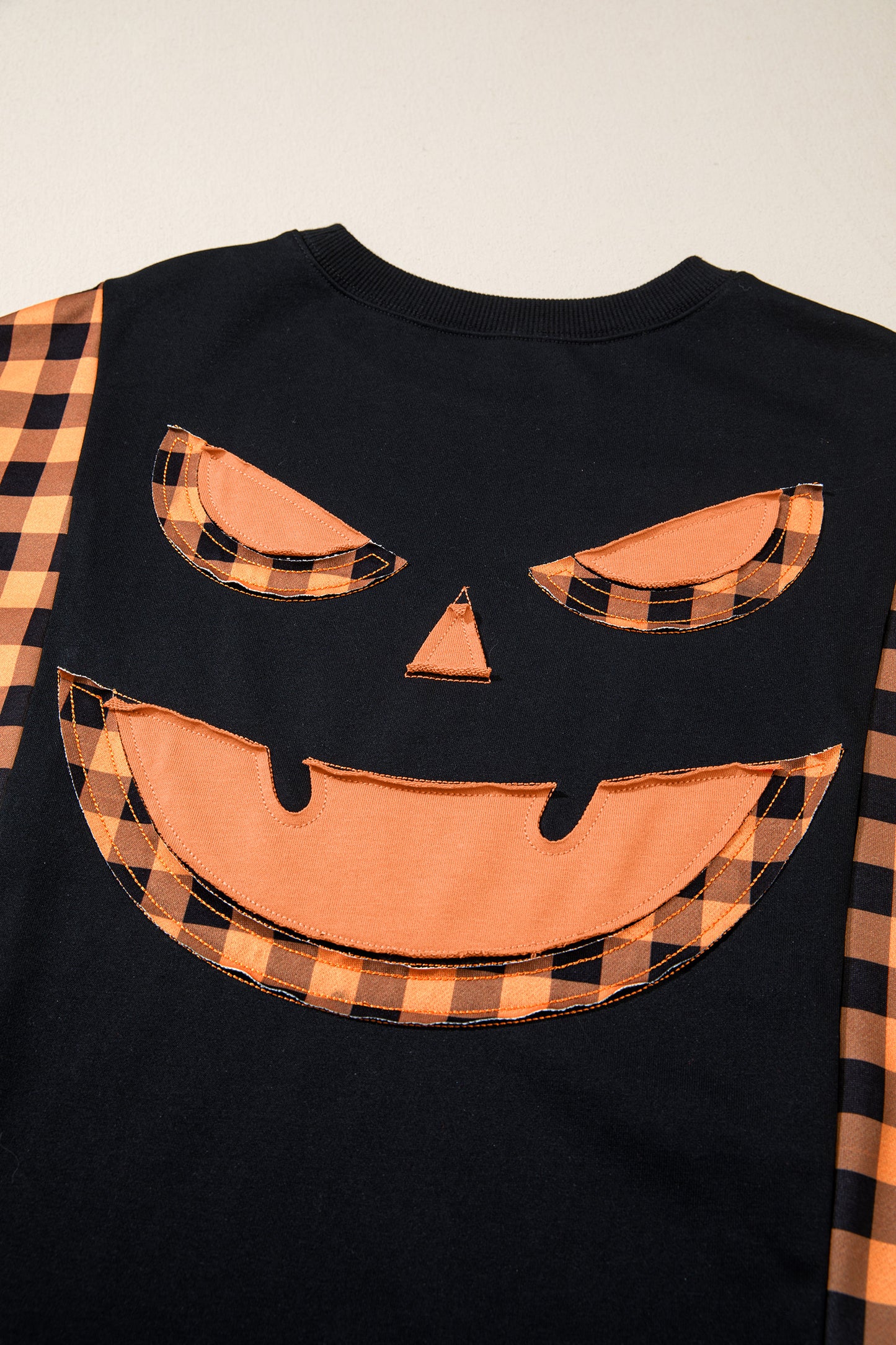 Halloween Pumpkin Face Plaid Patchwork Long Sleeve Top