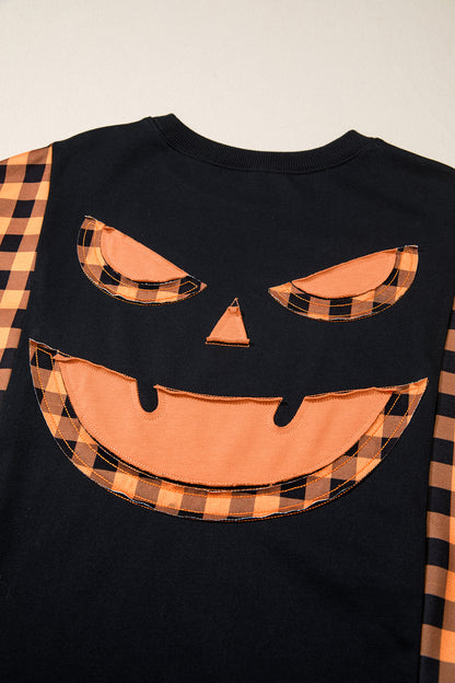 Halloween Pumpkin Face Plaid Patchwork Long Sleeve Top