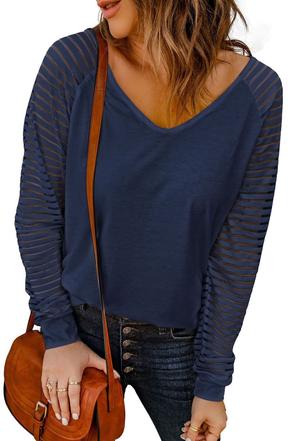 Blue Sheer Stripe V-Neck Top