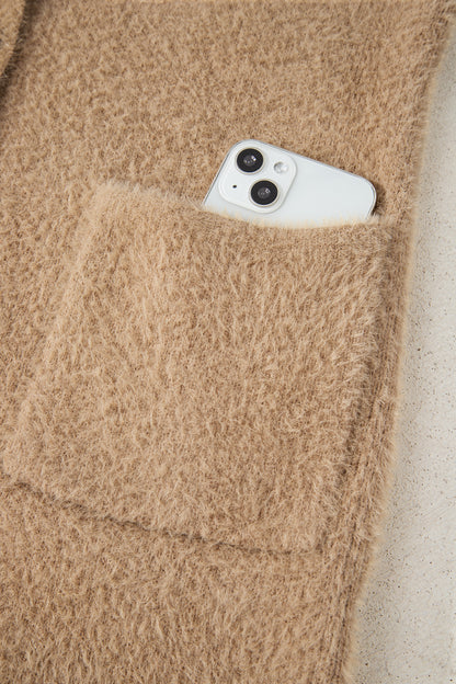 Soft Fuzzy Button Front Long Knit Cardigan with Pockets