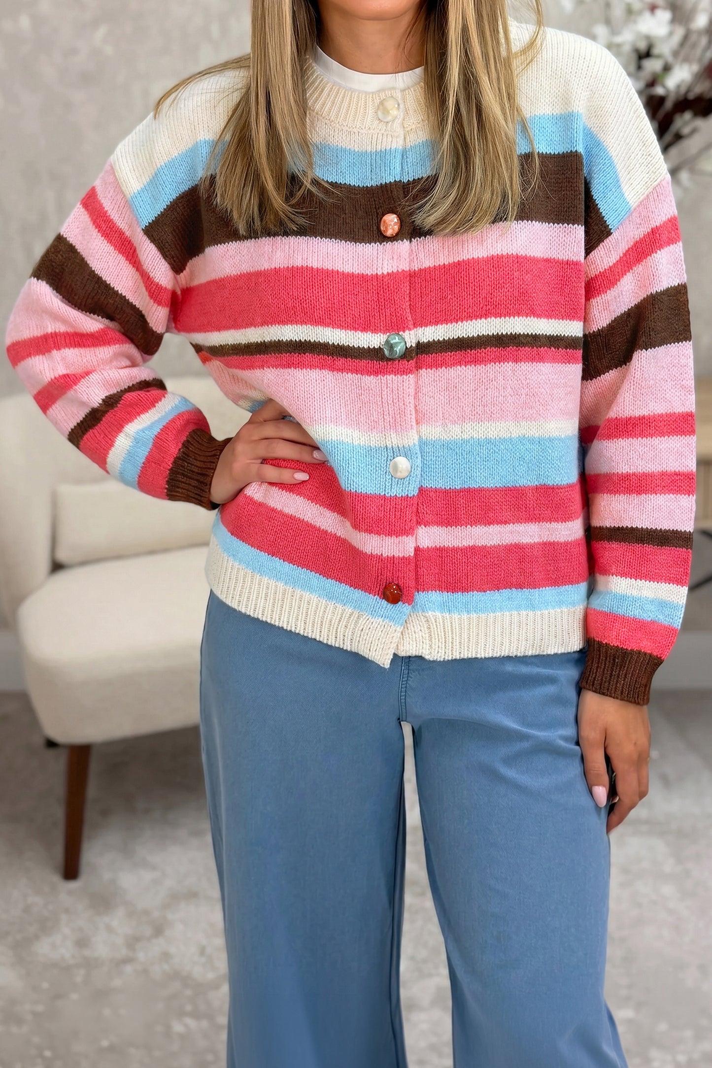 Multicolor Striped Colorblock Drop Shoulder Knit Cardigan