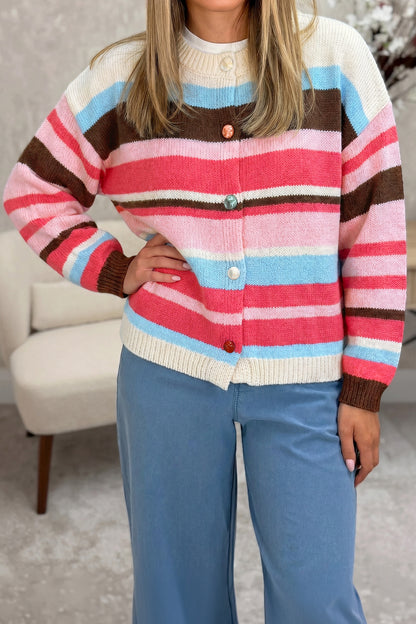 Multicolor Striped Colorblock Drop Shoulder Knit Cardigan