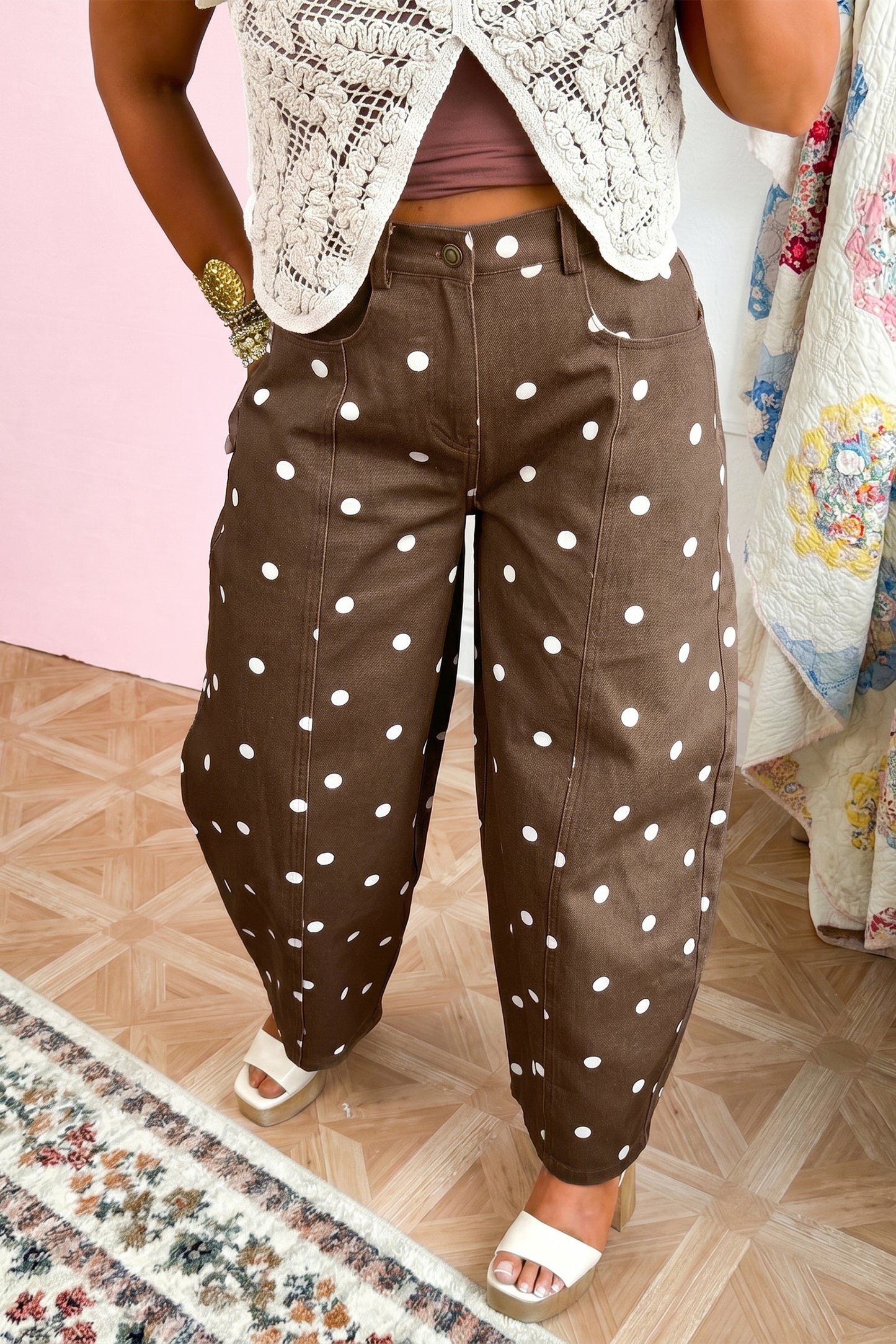 Blue Polka Dot Barrel Jeans High Waist Wide Leg Pants